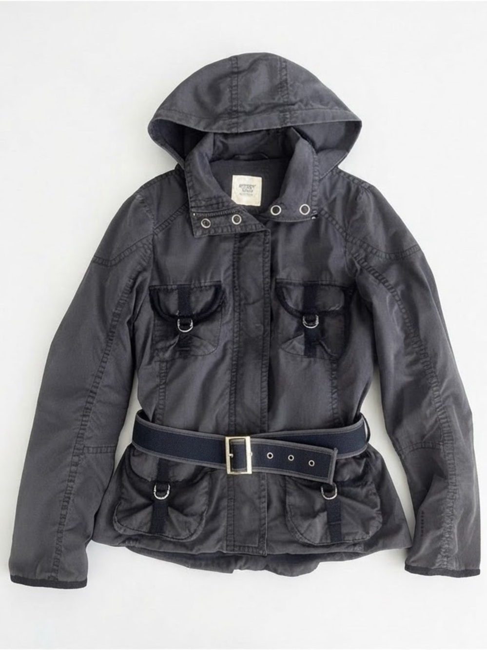 Esprit Y2K Utility Hooded Belted Jacket Dark Navy Blue / Size Medium